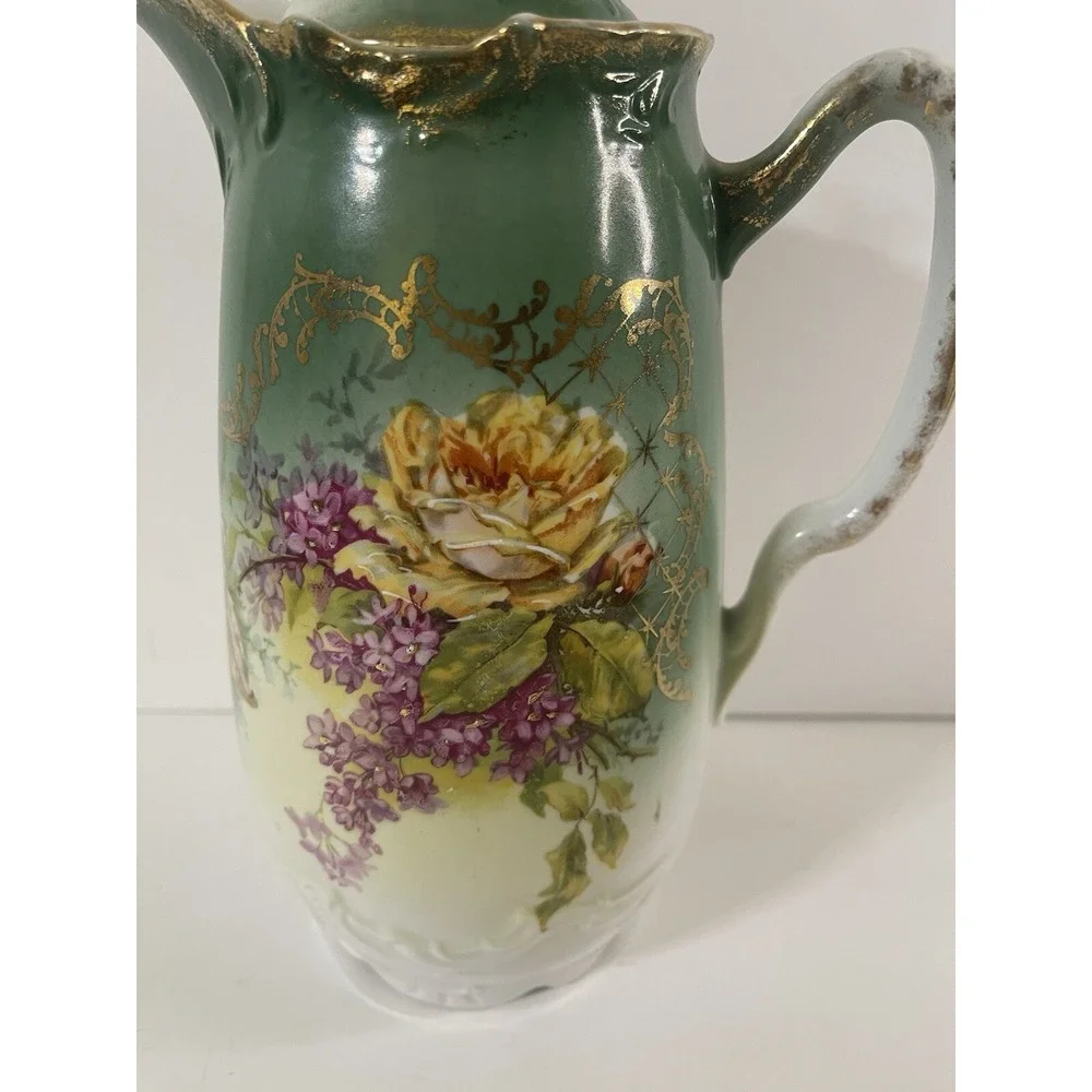 Antique 3‎ Crowns Germany Hand Painted Floral Gold Accents Teapot/pitcher 8